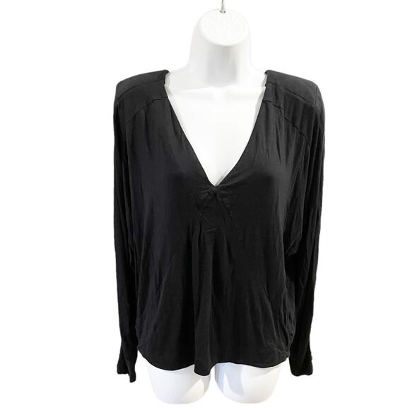Free People Classic Black Deep V-Neck Shirt with Shoulder Padding Size Large - Picture 1 of 11